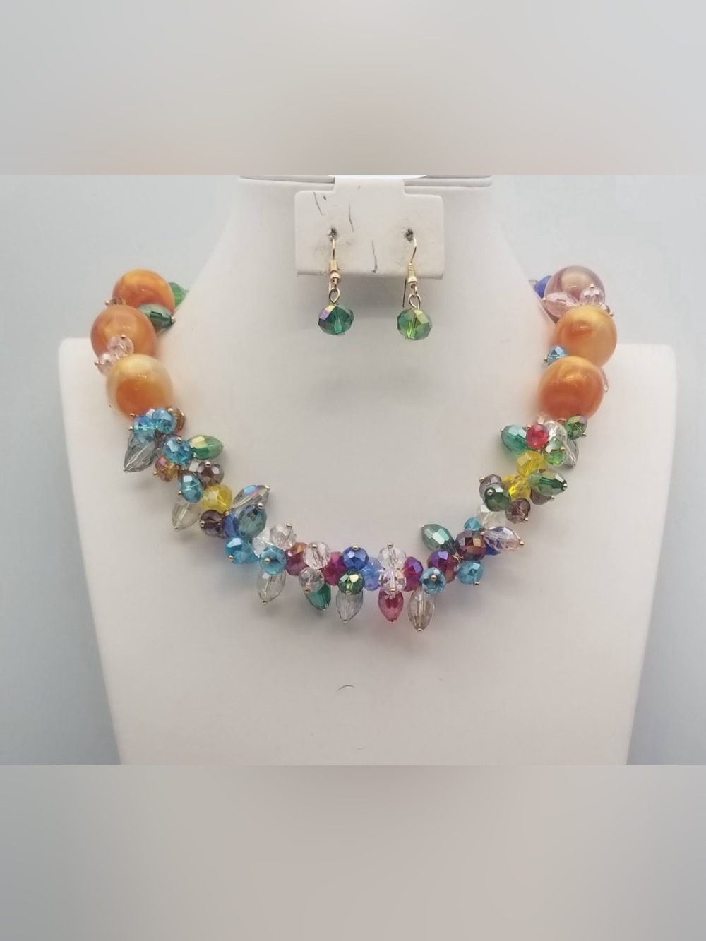 Multicolor Beaded Statement Necklace with Green Crystal Drop Earrings